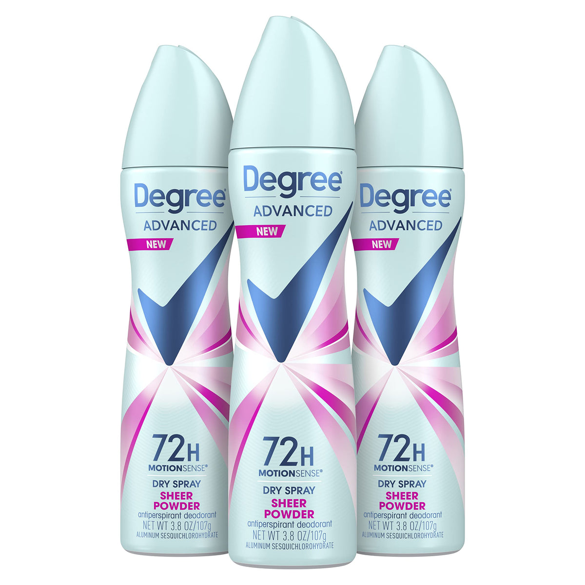 Degree Advanced Sheer Powder dry spray bottle front shows instant dry feel.