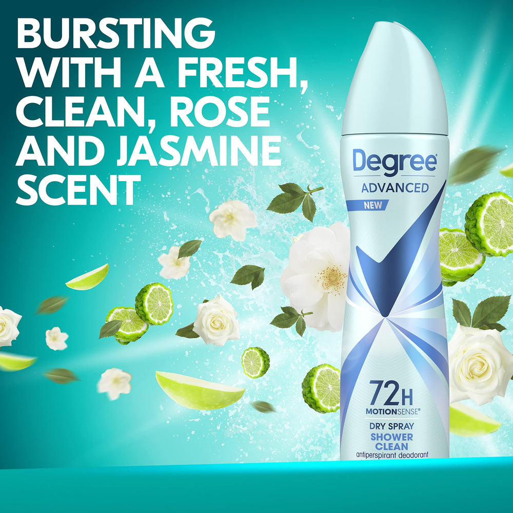 Degree Advanced Shower Clean fragrance features rose and jasmine with fruity notes.