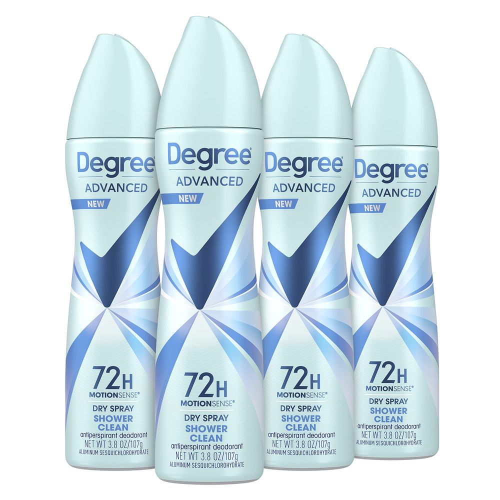 Degree Advanced Shower Clean dry spray bottle ready for instant refresh and all-day protection.