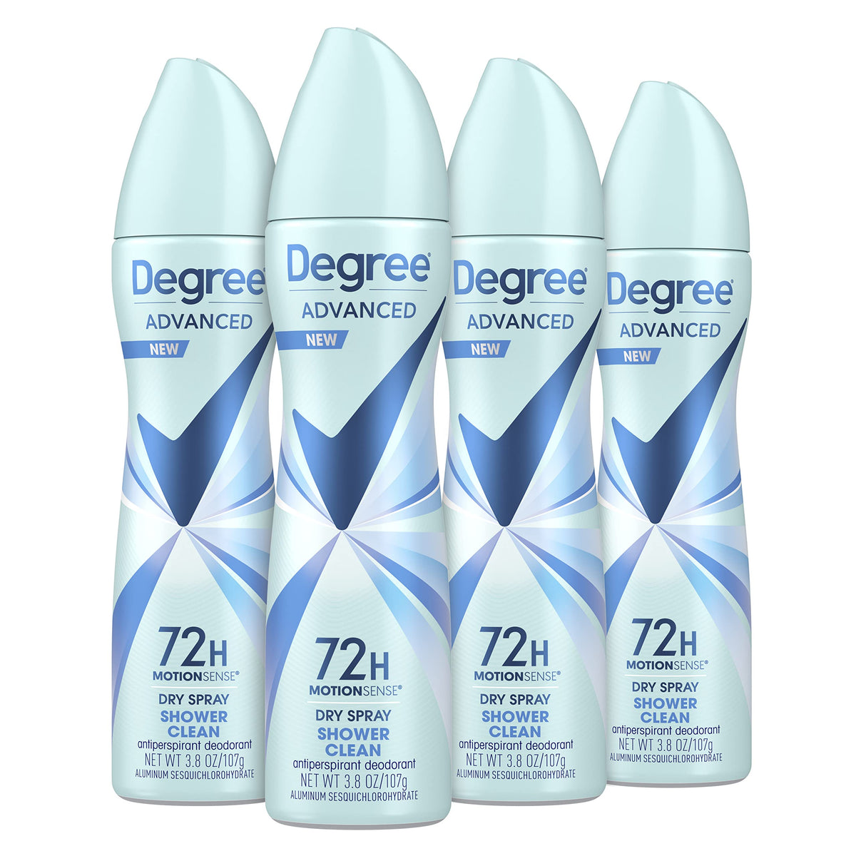 Degree Advanced Shower Clean dry spray bottle ready for instant refresh and all-day protection.