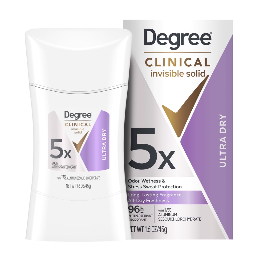 Degree Clinical 5X invisible solid application glides on dry for all-day confidence.