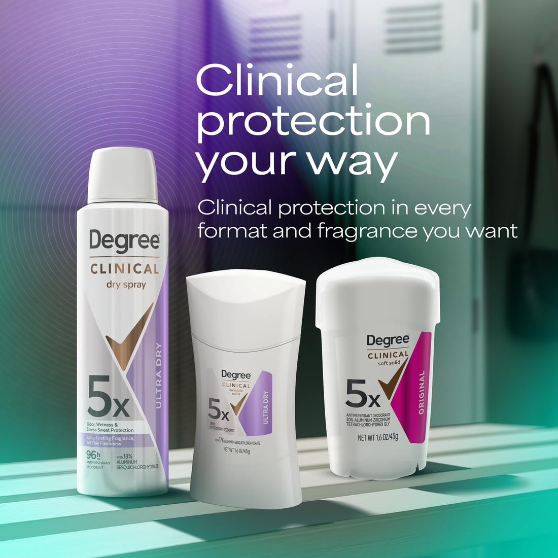 Degree Clinical 5X long-day protection keeps you fresh.