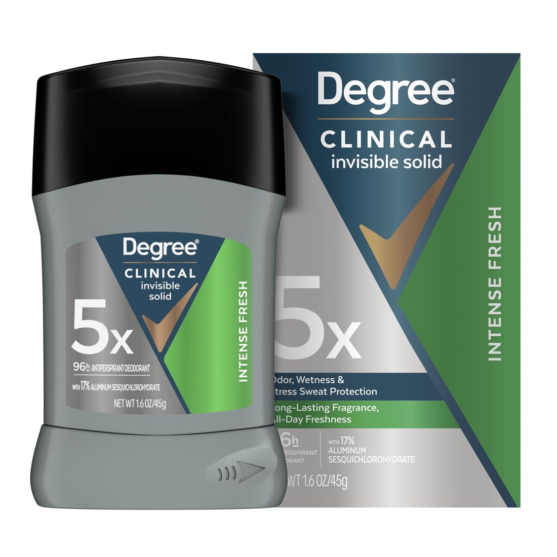 Degree Clinical 5X stick underarm protection with a dry, invisible finish.