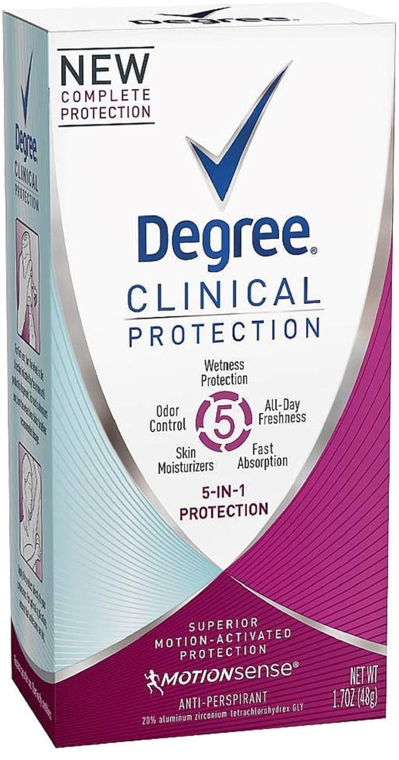 Degree Clinical Protection 5-in-1 antiperspirant bottle for daily sweat and odor control.