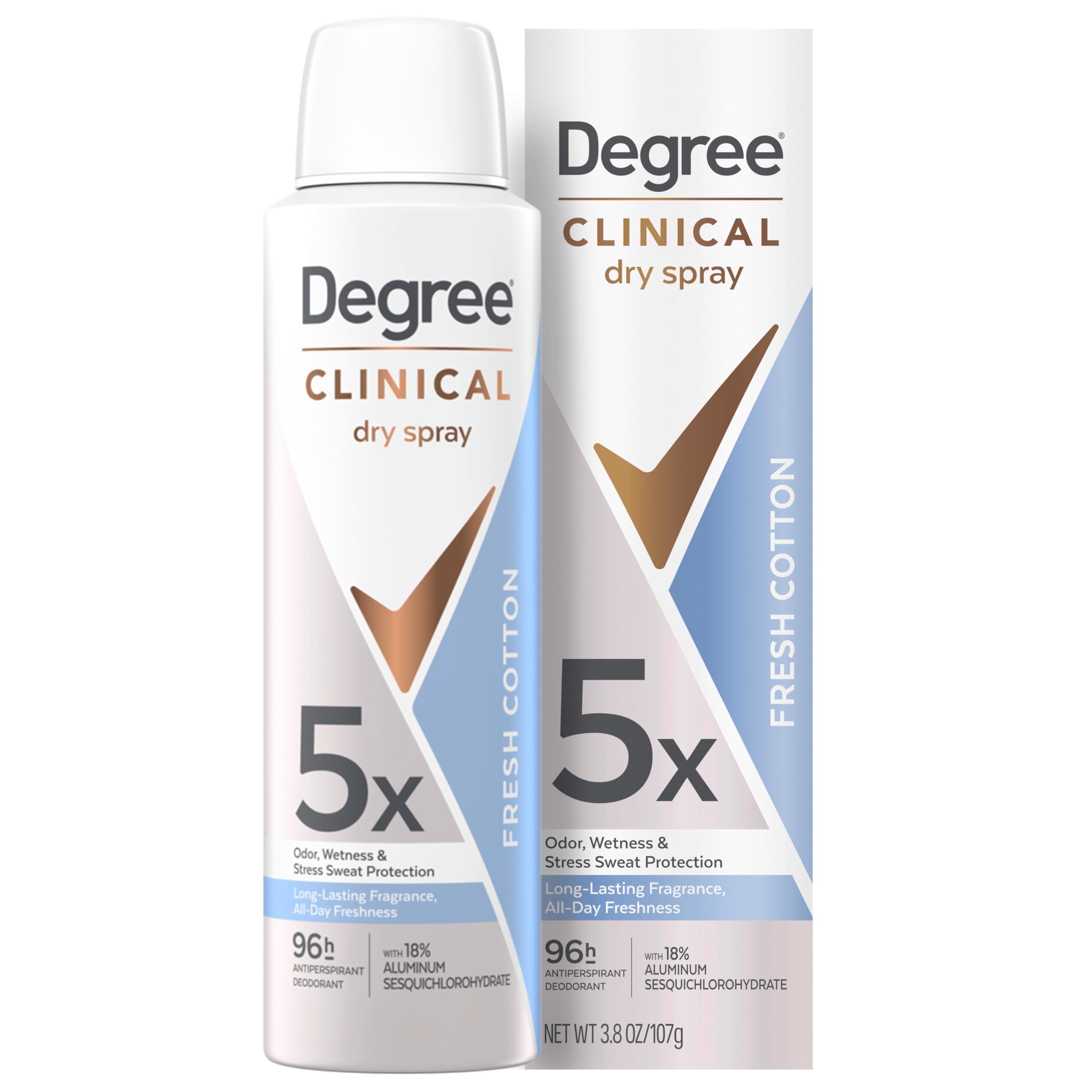 Degree Dry Spray Fresh Cotton front bottle offers 5X protection for all-day freshness.