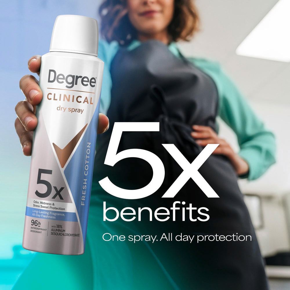 Degree Dry Spray Fresh Cotton underarm application demonstrates discreet, confident use.