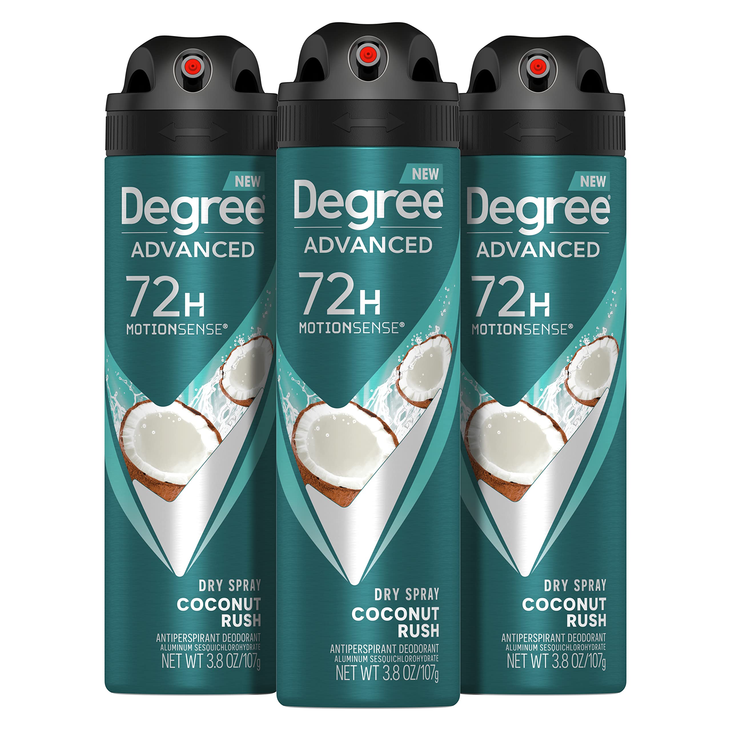 Degree Men Coconut Rush dry spray bottle shows tropical scent and long-lasting protection.