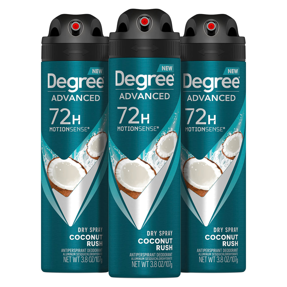 Degree Men Coconut Rush dry spray bottle shows tropical scent and long-lasting protection.
