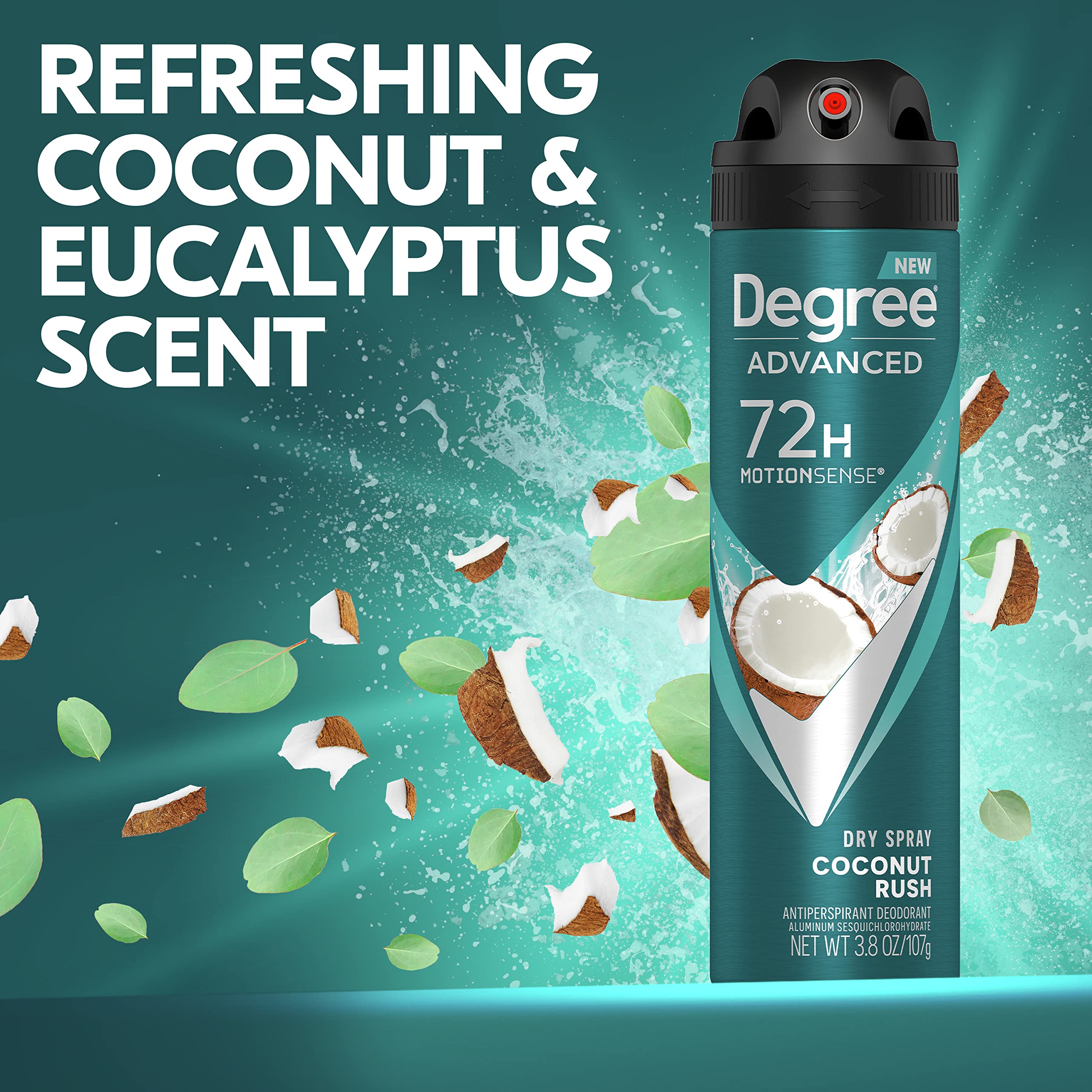 Degree Men Coconut Rush dry spray in action shows movement-activated fresh protection.