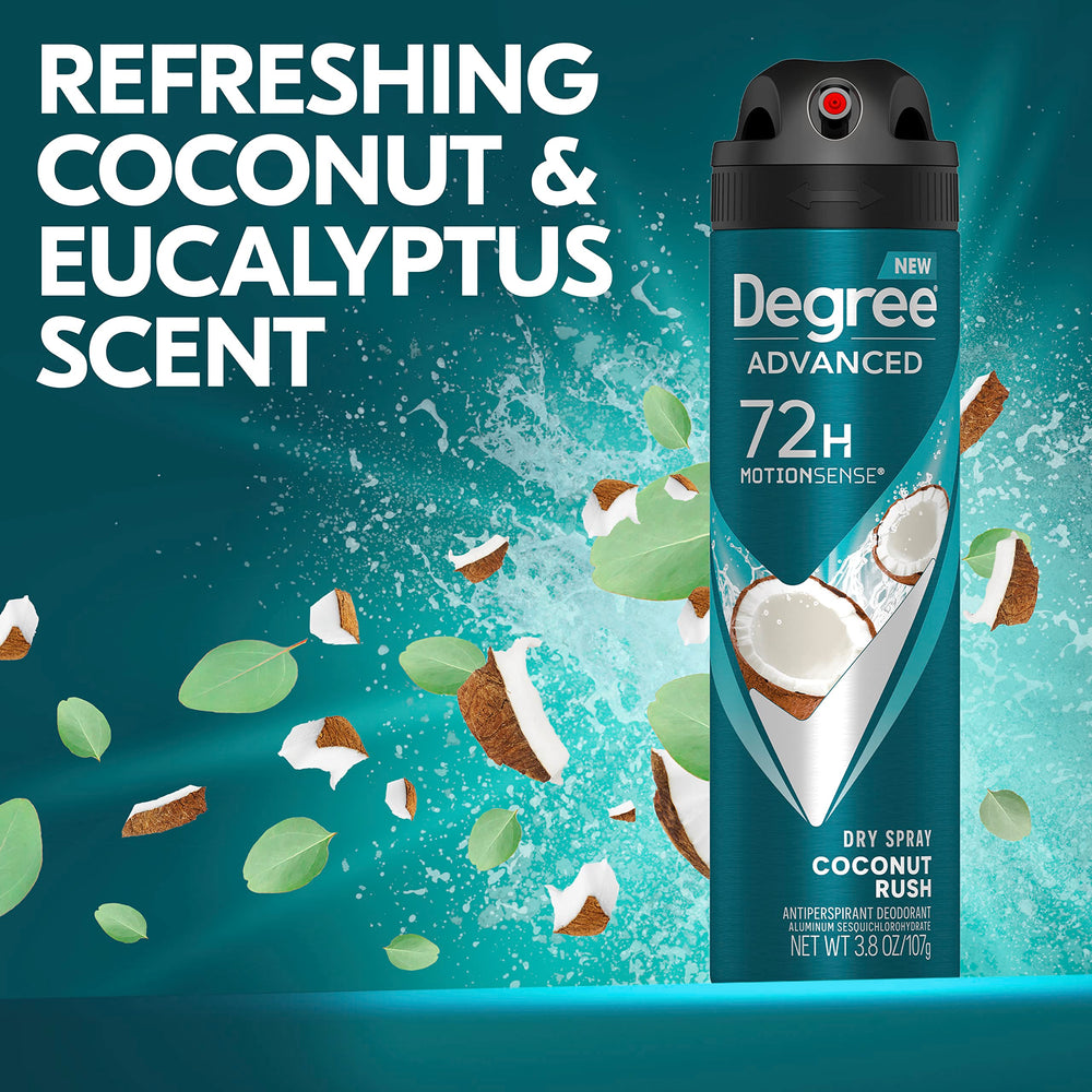 Degree Men Coconut Rush dry spray in action shows movement-activated fresh protection.