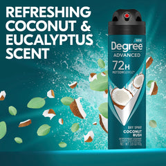 Degree Men Coconut Rush dry spray in action shows movement-activated fresh protection.