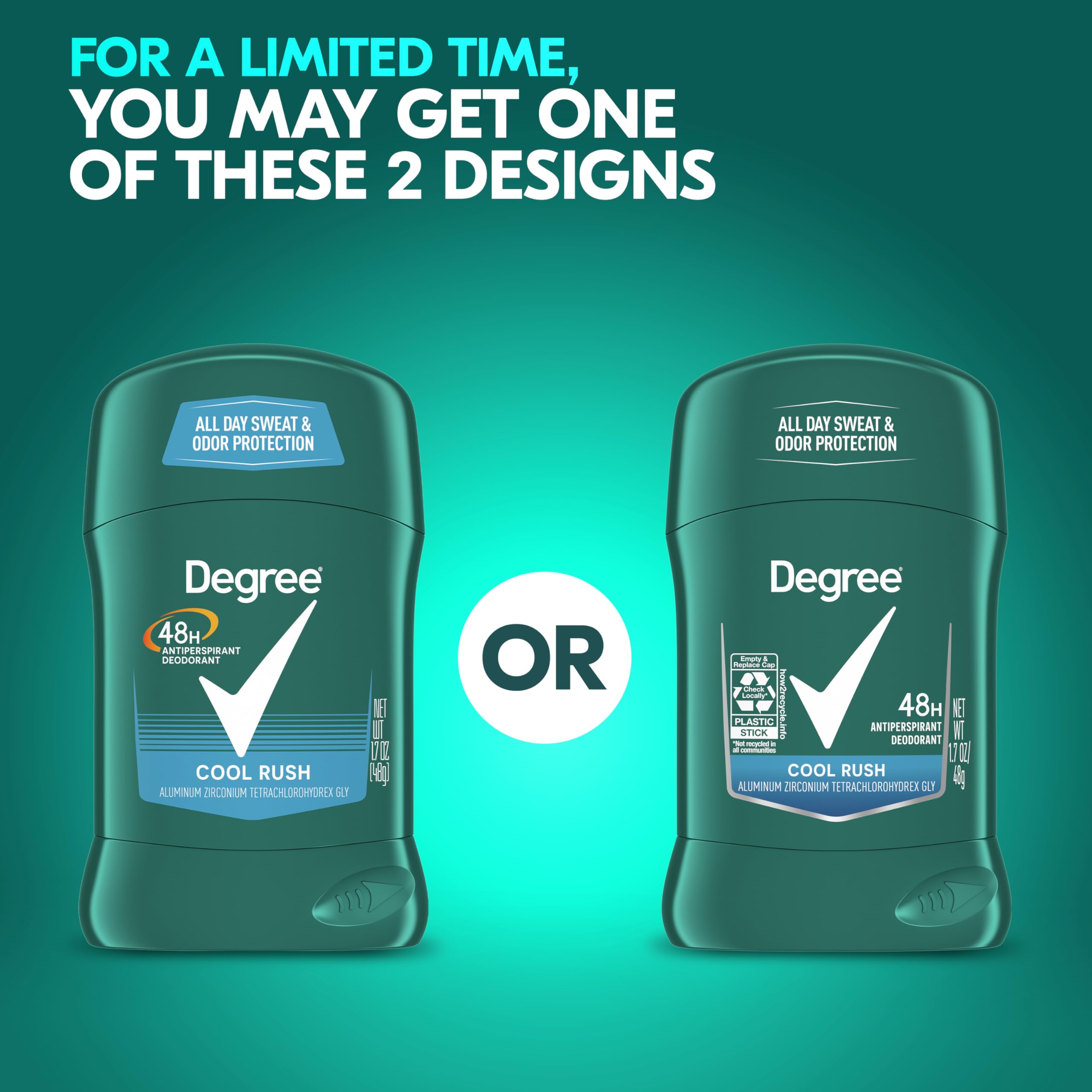 Degree Men Cool Rush 48-hour-protection promises extended sweat and odor defense.