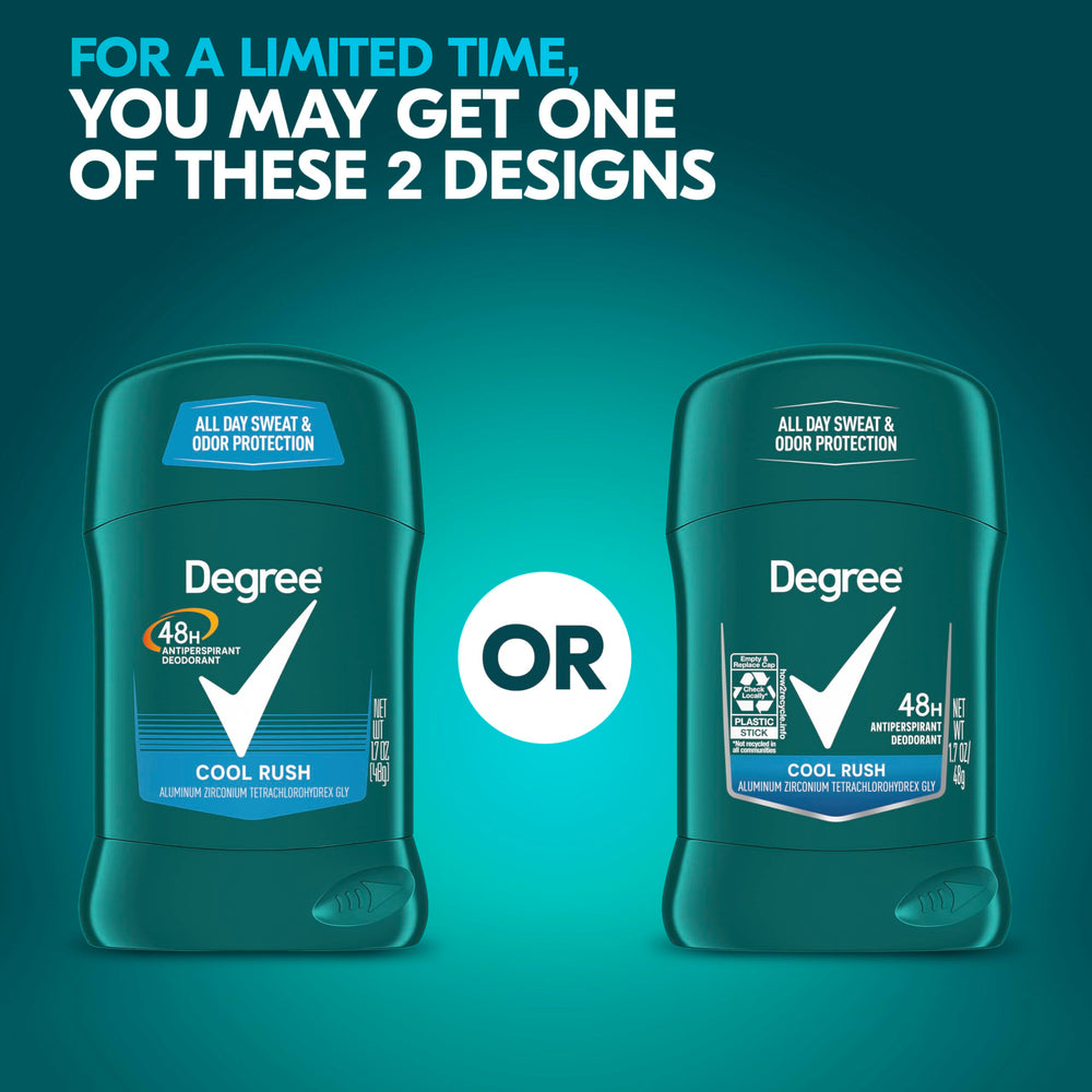 Degree Men Cool Rush 48-hour-protection promises extended sweat and odor defense.