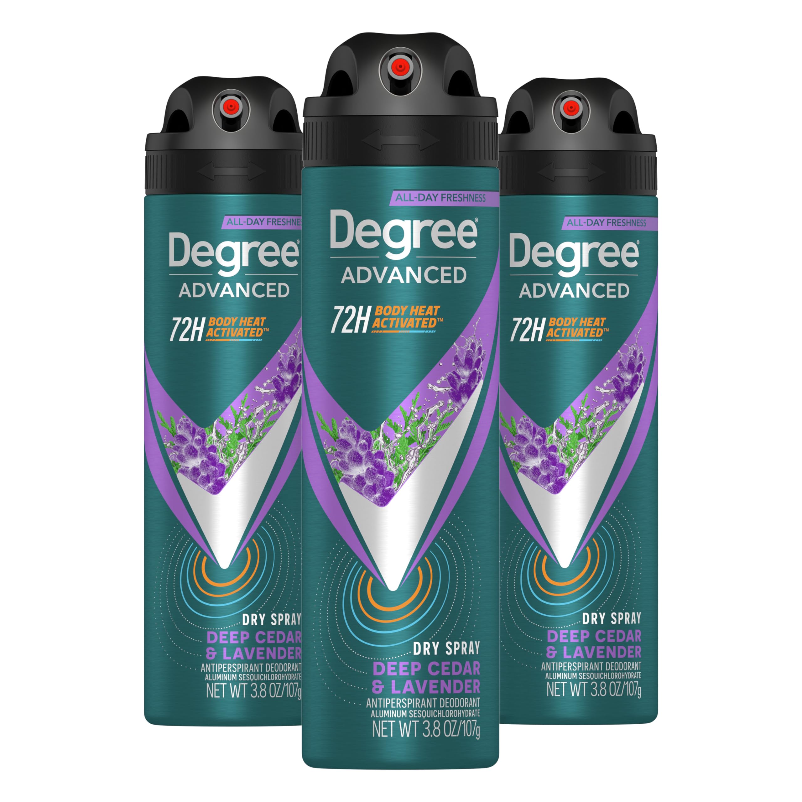 Degree Men Deep Cedar & Lavender dry spray can ready for instant protection.