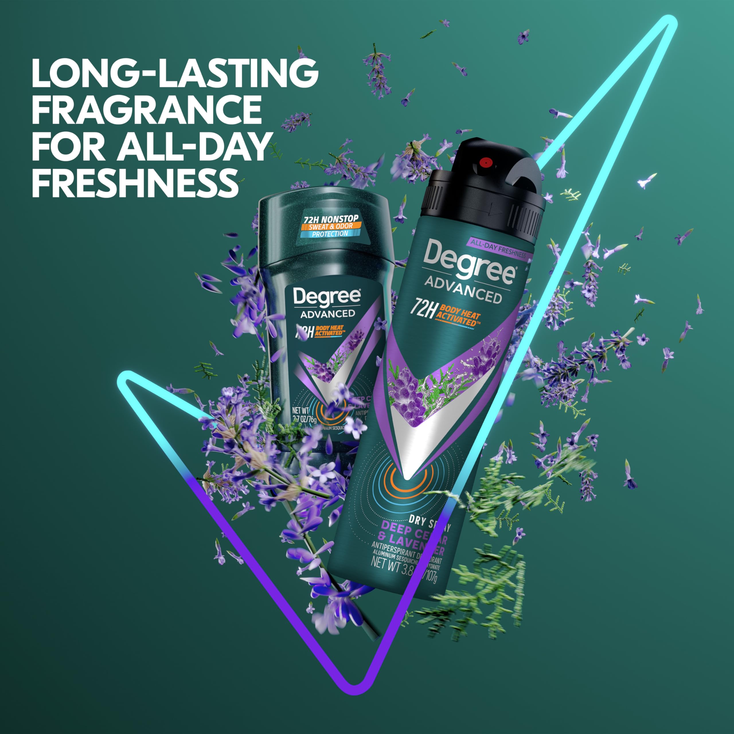 Degree Men Deep Cedar & Lavender trio-pack showing multiple cans for ongoing use.