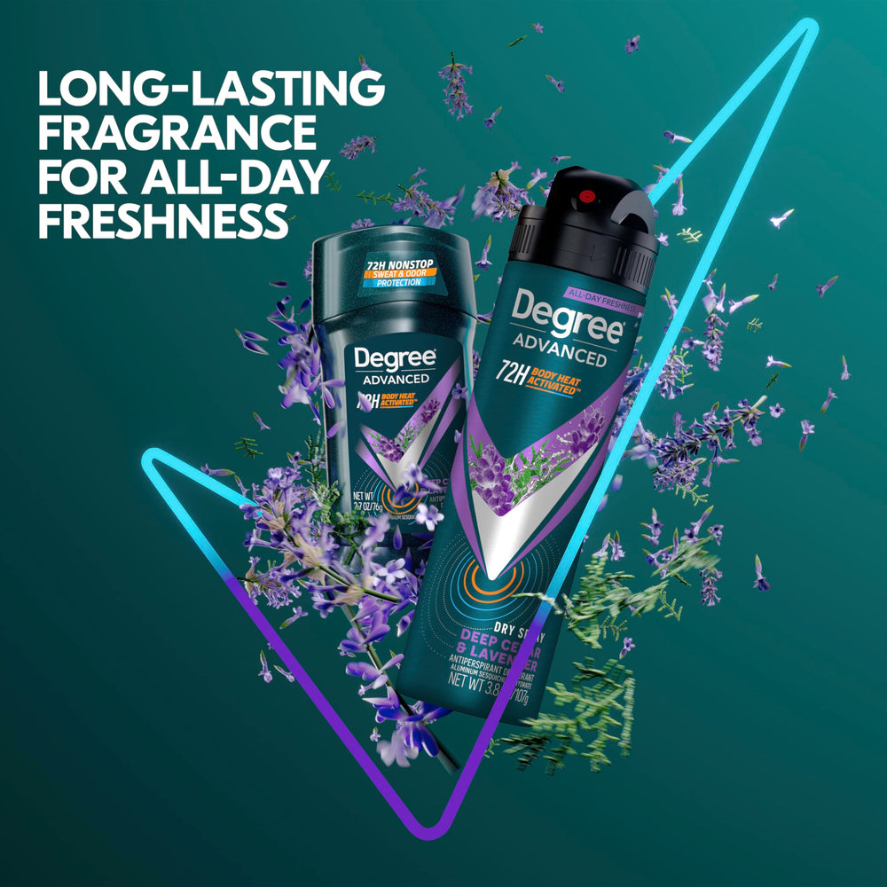 Degree Men Deep Cedar & Lavender trio-pack showing multiple cans for ongoing use.