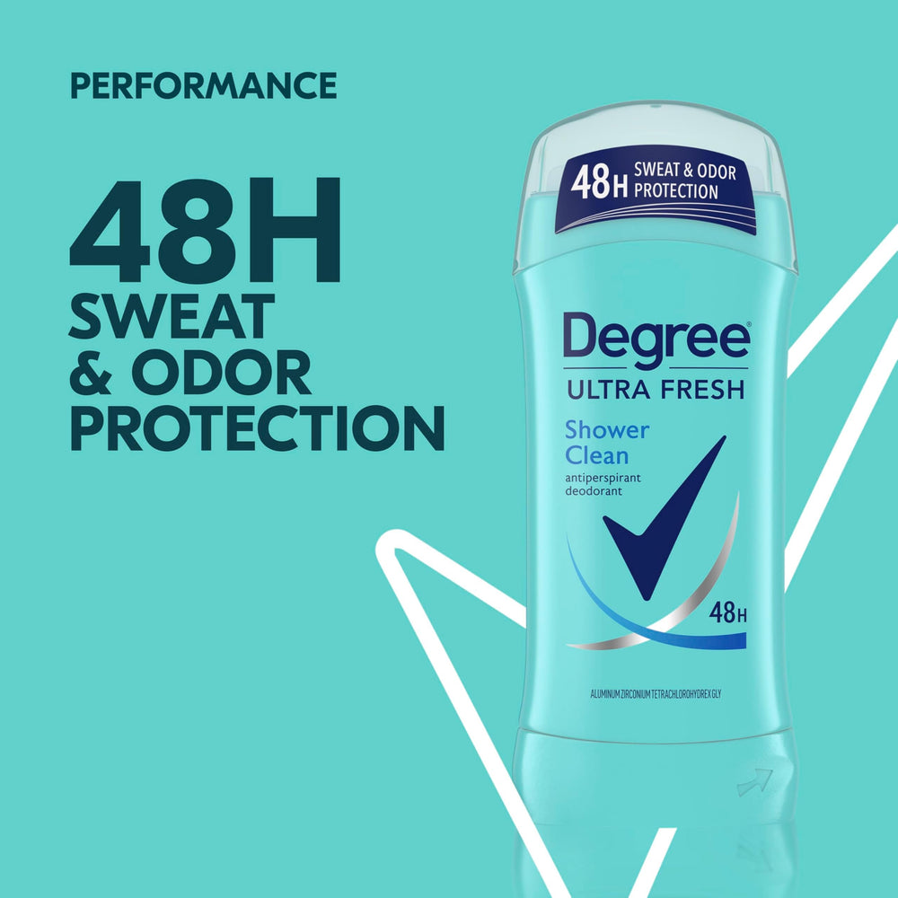 Degree Ultra Fresh Shower Clean with rose and jasmine notes for daily freshness.