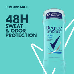 Degree Ultra Fresh Shower Clean with rose and jasmine notes for daily freshness.