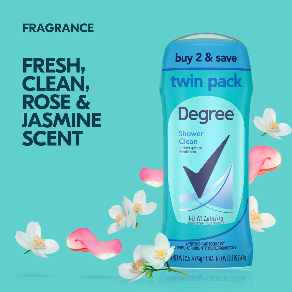 Degree Shower Clean 48-hour protection label indicating long-lasting freshness.