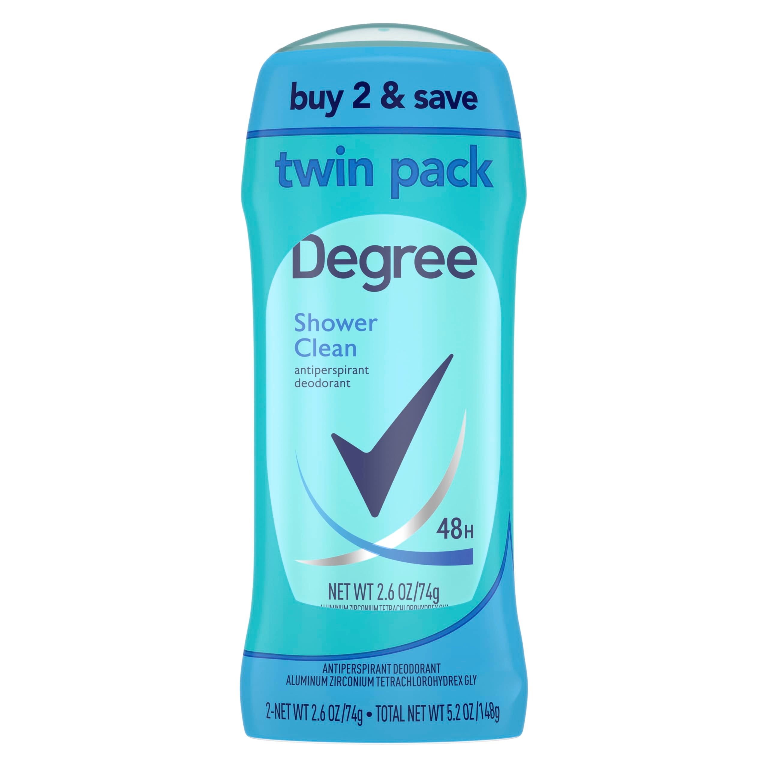 Degree Shower Clean antiperspirant stick being twisted for easy application and all-day freshness.