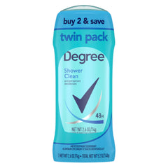 Degree Shower Clean antiperspirant stick being twisted for easy application and all-day freshness.