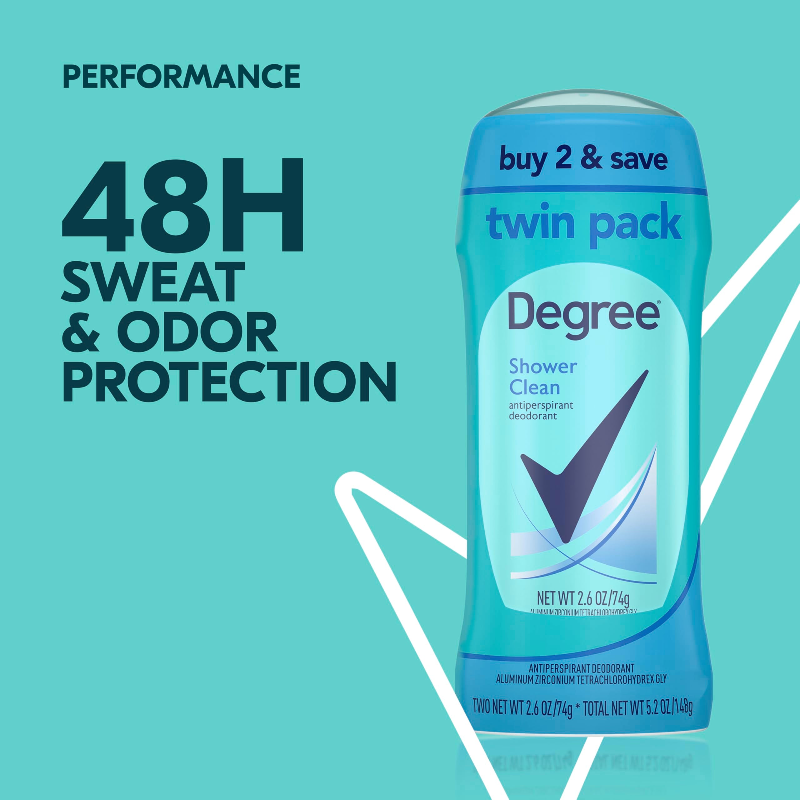 Degree Shower Clean antiperspirant stick close-up showing smooth glide for daily use.
