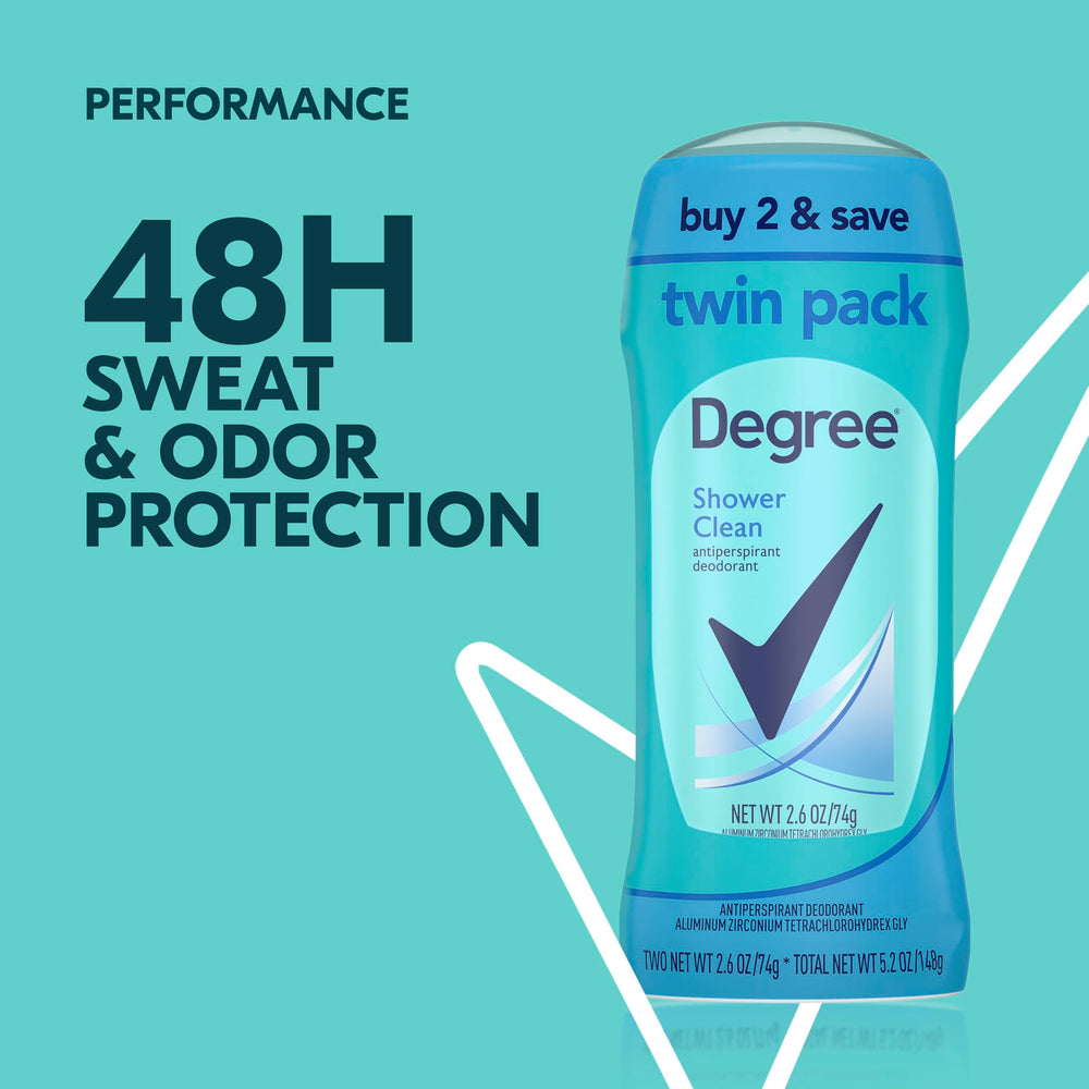 Degree Shower Clean antiperspirant stick close-up showing smooth glide for daily use.