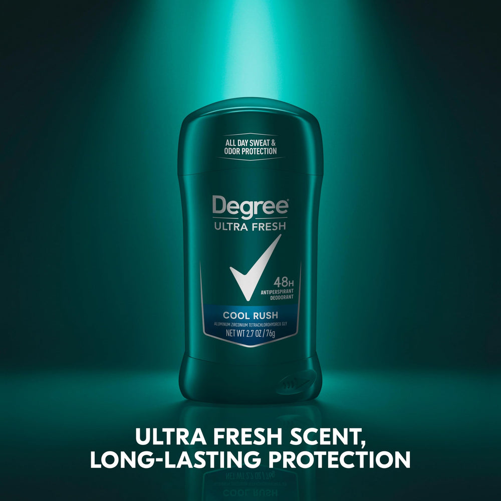 Degree Ultra Fresh Cool Rush 48-hour protection label signals reliable defense.
