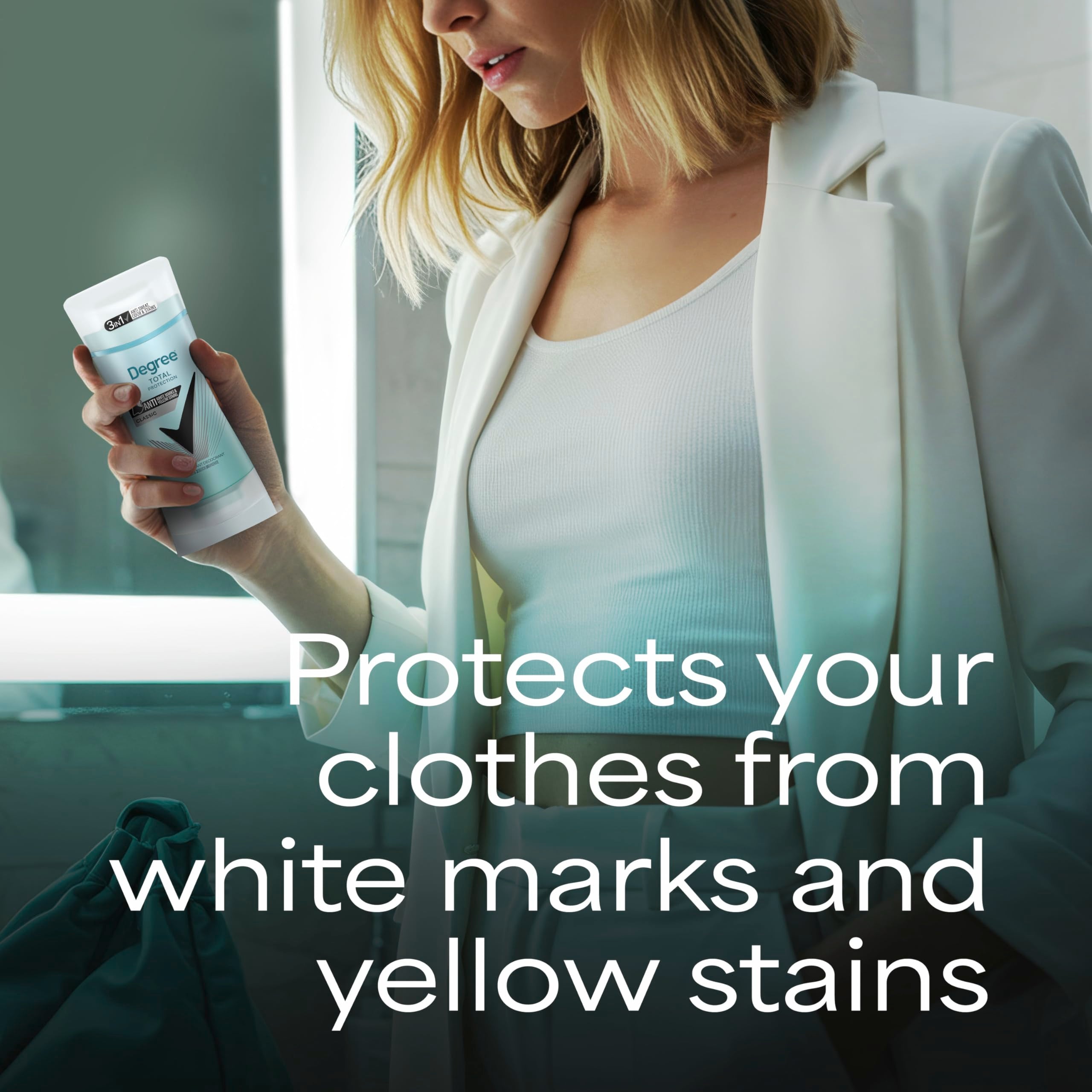 Degree UltraClear anti-yellow-stain protection keeps whites bright