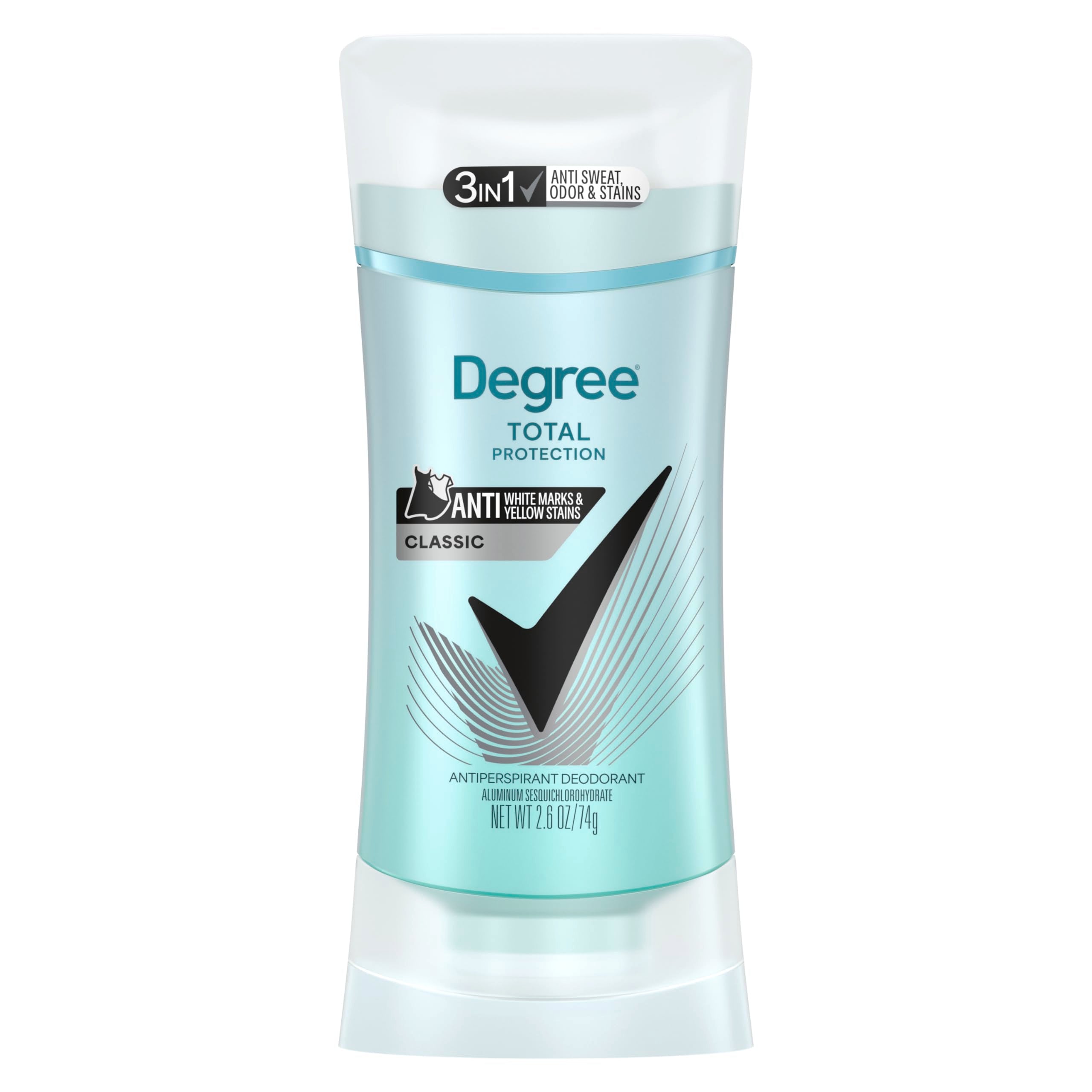 Degree UltraClear black+white deodorant bottle showing anti-mark technology