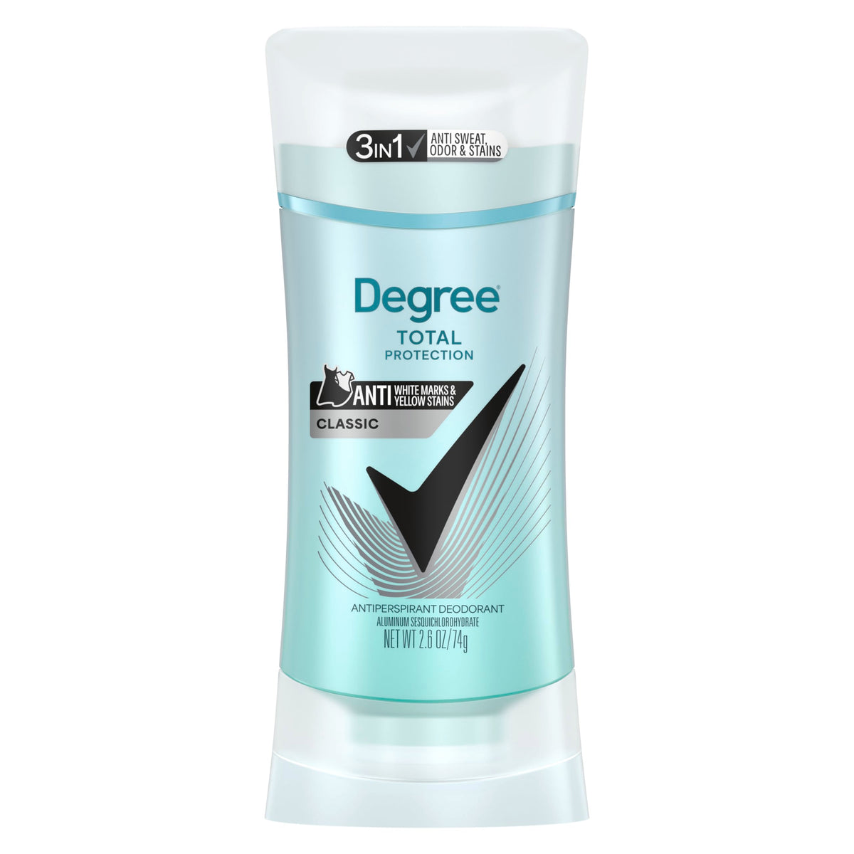 Degree UltraClear black+white deodorant bottle showing anti-mark technology