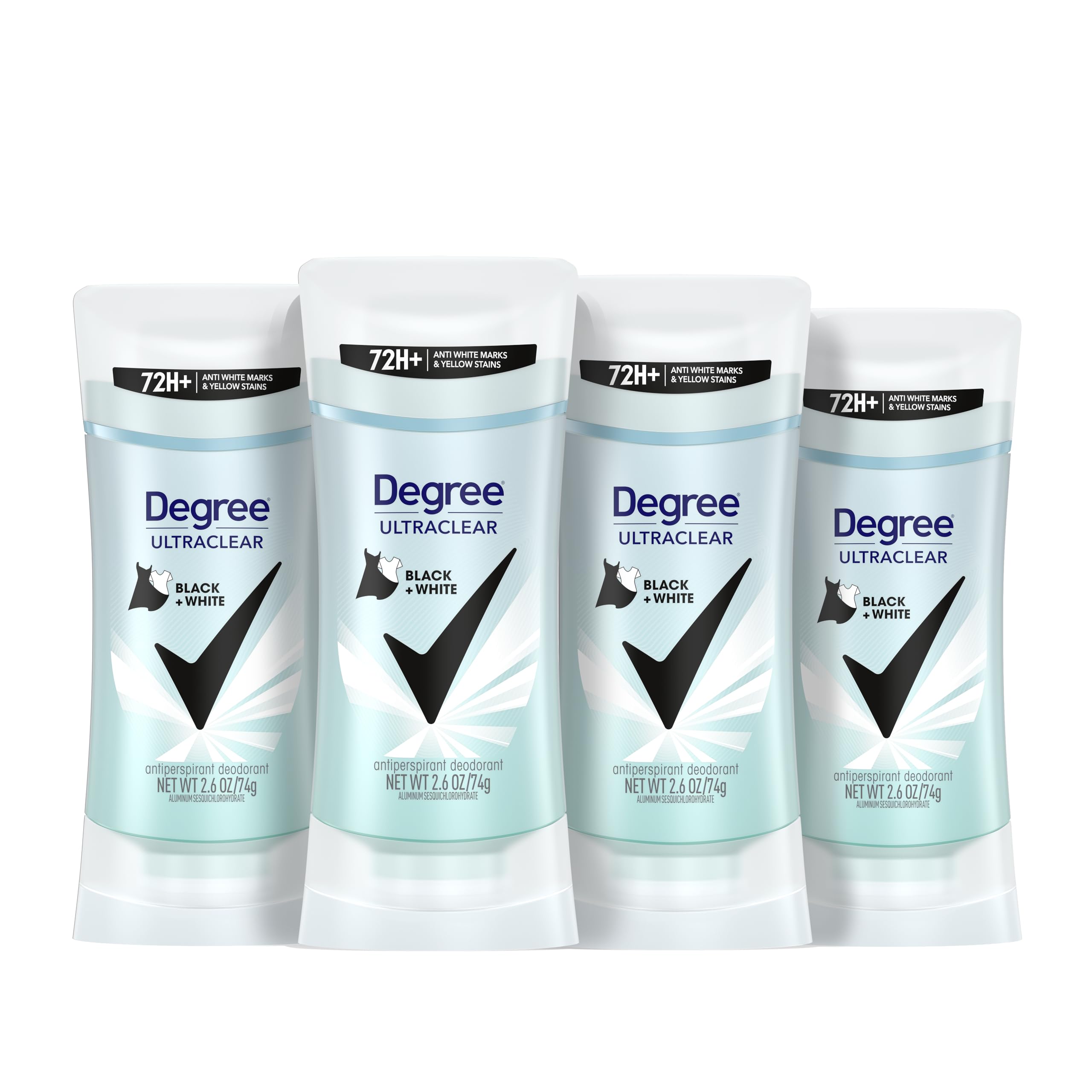 Degree UltraClear Black+White deodorant stick; four-pack showing protection against white marks on black fabric