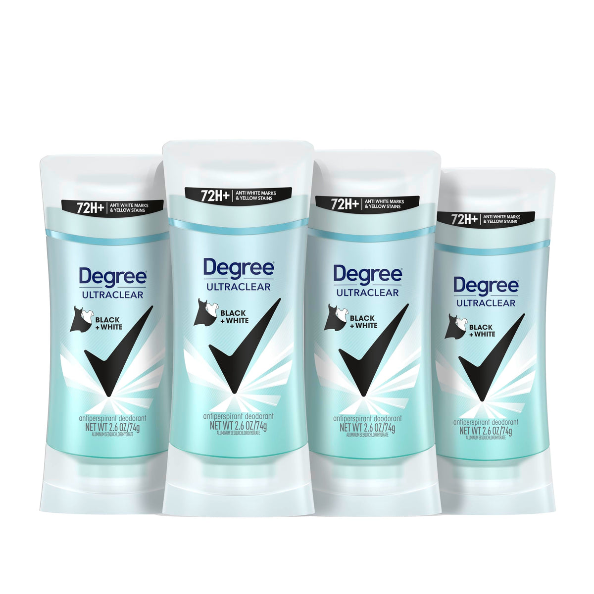 Degree UltraClear Black+White deodorant stick; four-pack showing protection against white marks on black fabric