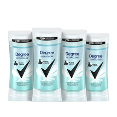Degree UltraClear Black+White deodorant stick; four-pack showing protection against white marks on black fabric