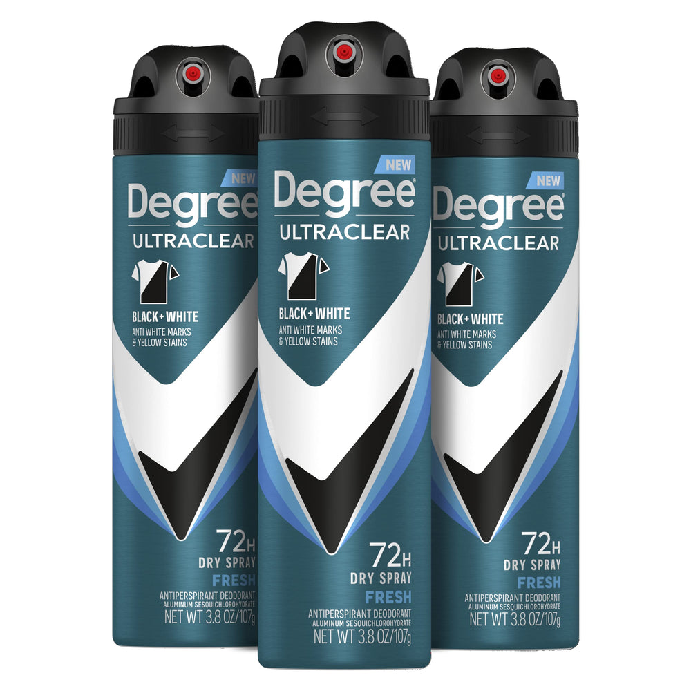 Degree UltraClear Black and White Fresh dry spray bottle showing instant dryness and stain protection.