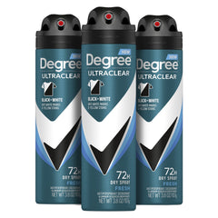 Degree UltraClear Black and White Fresh dry spray bottle showing instant dryness and stain protection.