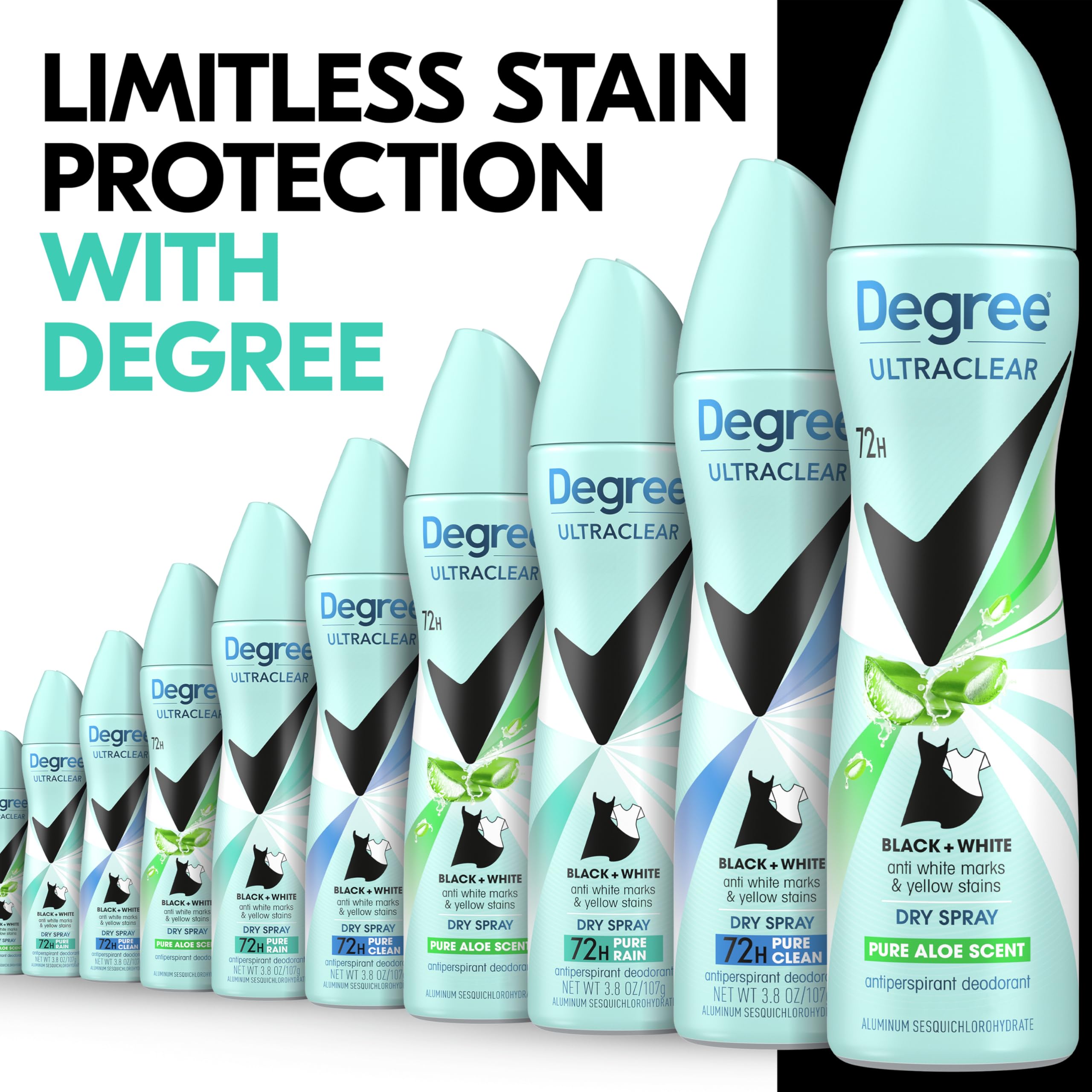 Degree UltraClear Pure Aloe Dry Spray bottle close-up shows refreshing scent
