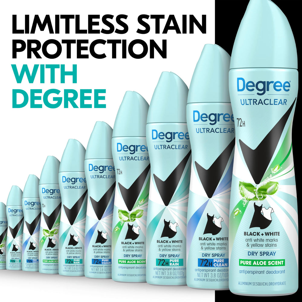 Degree UltraClear Pure Aloe Dry Spray bottle close-up shows refreshing scent