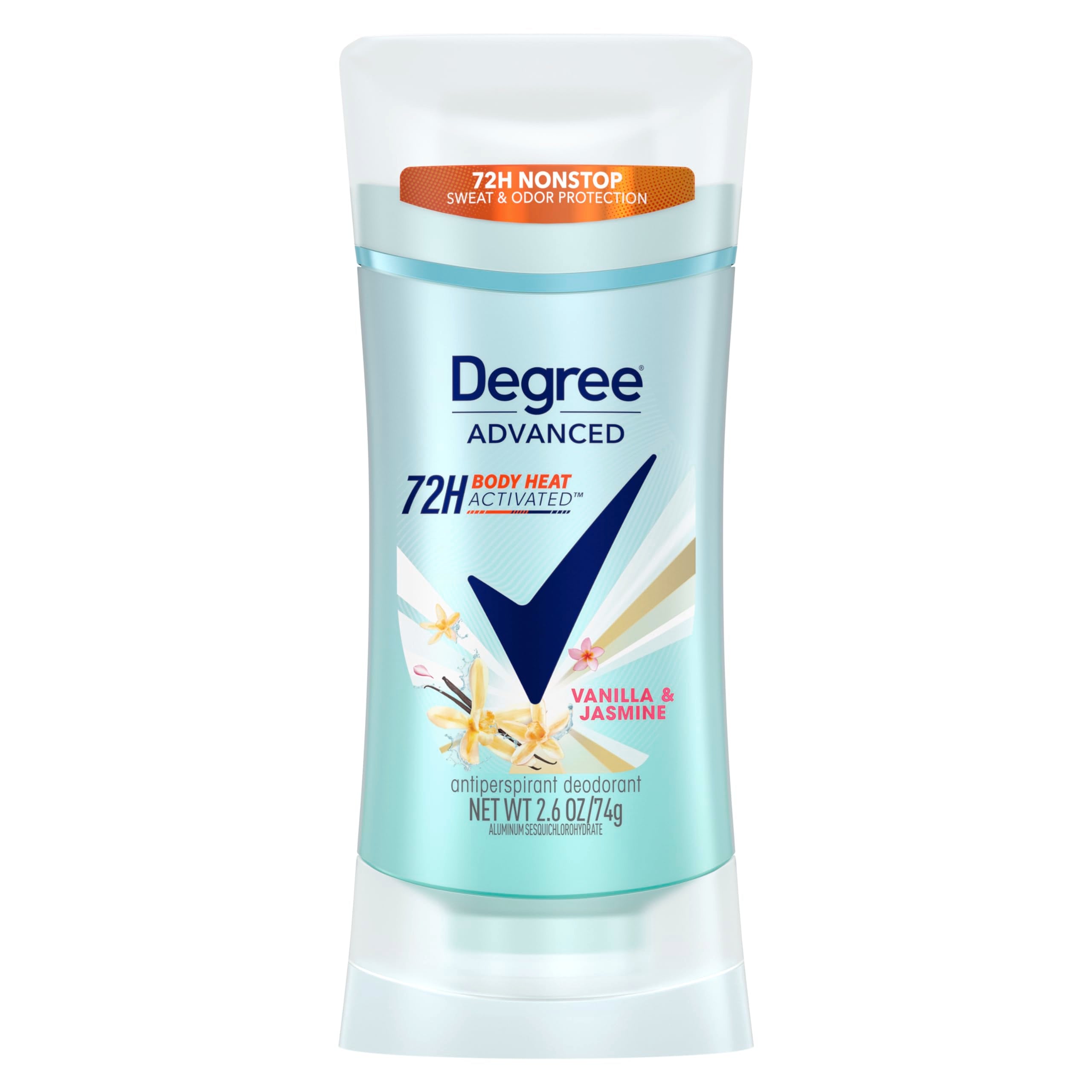 Degree Vanilla Jasmine bottle—long-lasting freshness with body heat activated fragrance