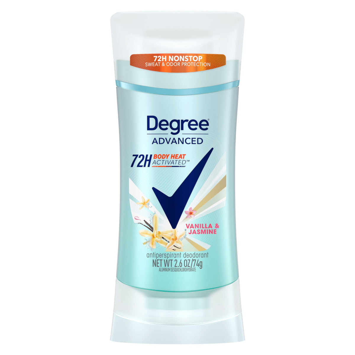 Degree Vanilla Jasmine bottle—long-lasting freshness with body heat activated fragrance