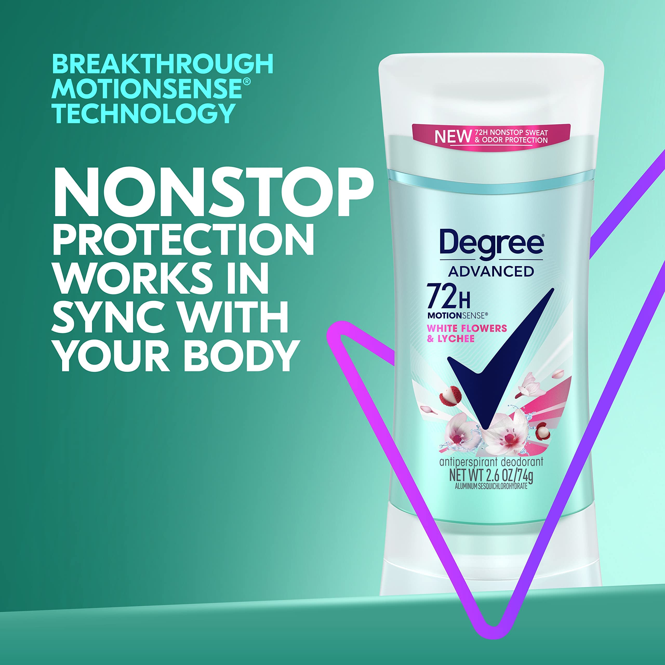 Degree White Flowers & Lychee bottle close-up highlighting refreshing scent