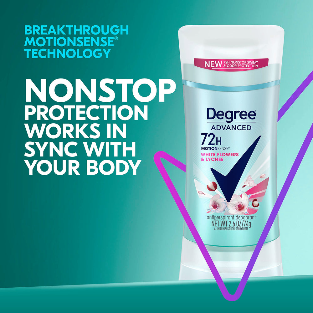 Degree White Flowers & Lychee bottle close-up highlighting refreshing scent