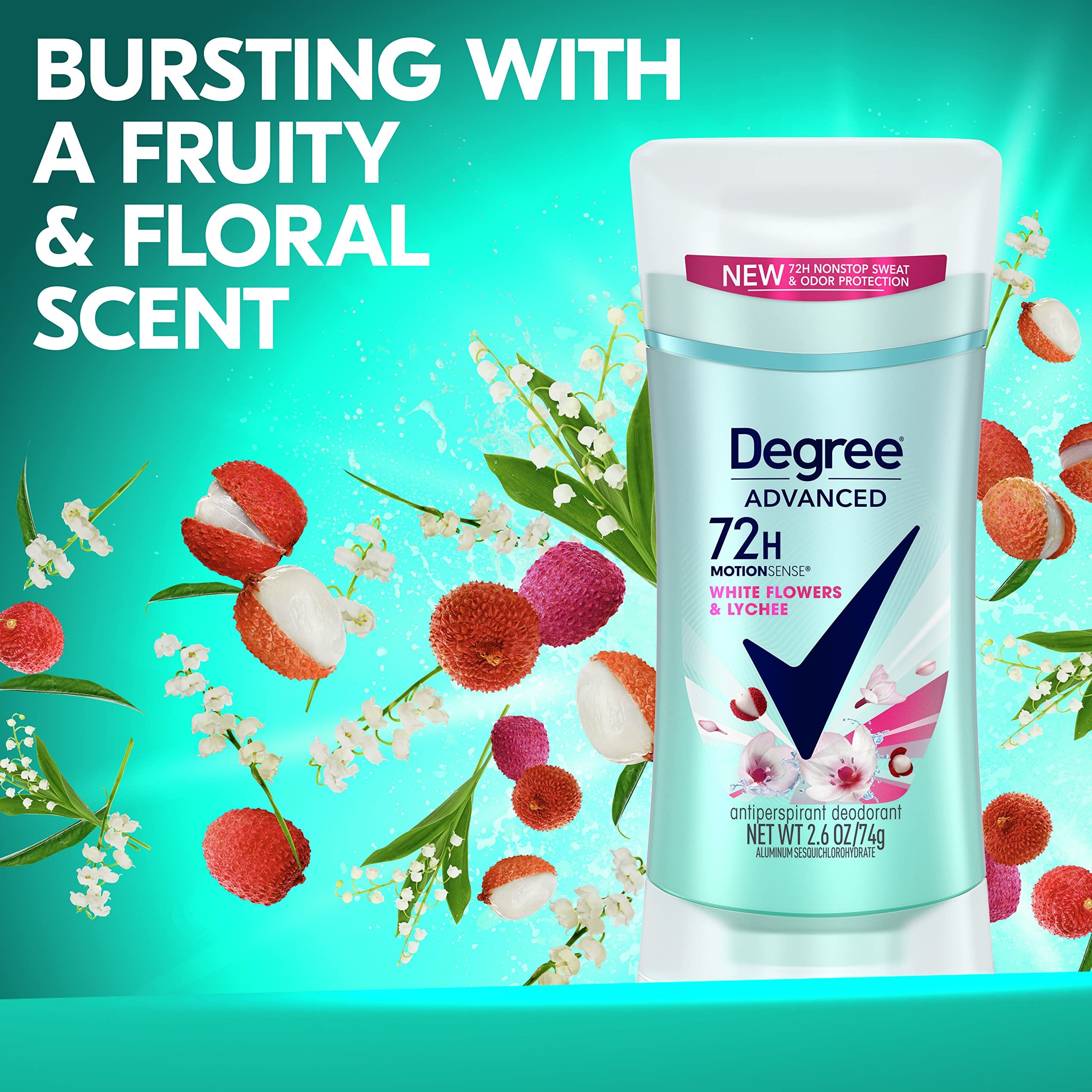 Degree White Flowers & Lychee packaging back details eco-friendly messaging