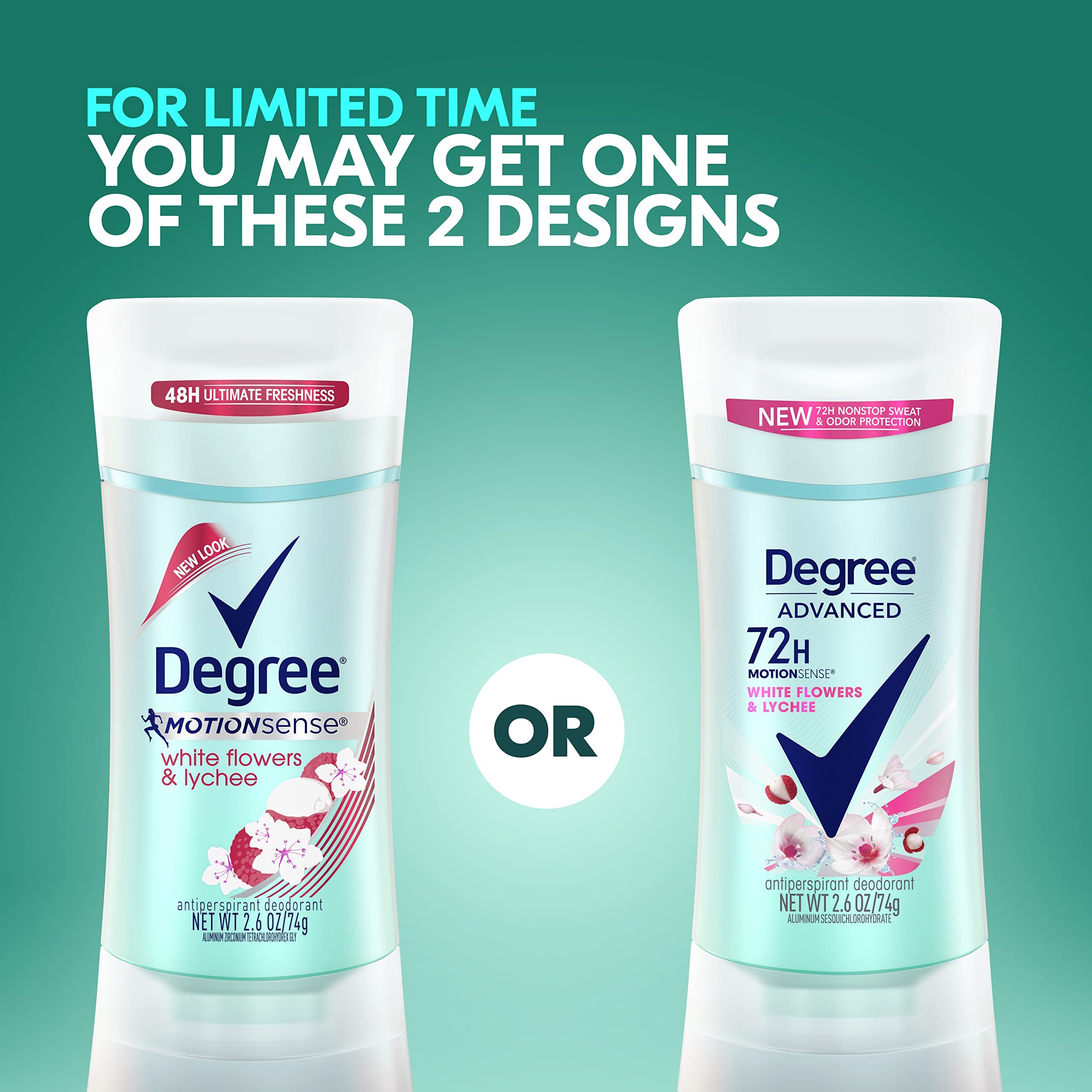 Degree White Flowers & Lychee packaging front highlighting 72-hour protection