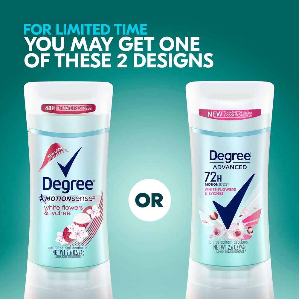 Degree White Flowers & Lychee packaging front highlighting 72-hour protection