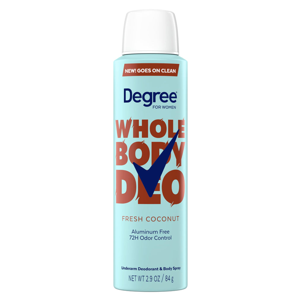Degree Women deodorant spray with fresh coconut scent for all-day odor control.