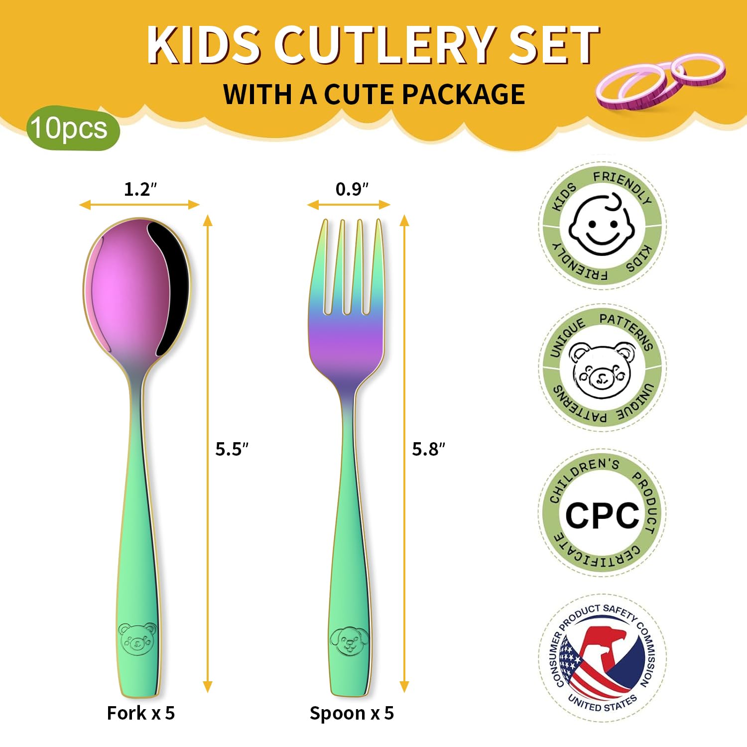 Dehov Rainbow toddler utensils set close-up engraving showing animal motifs.