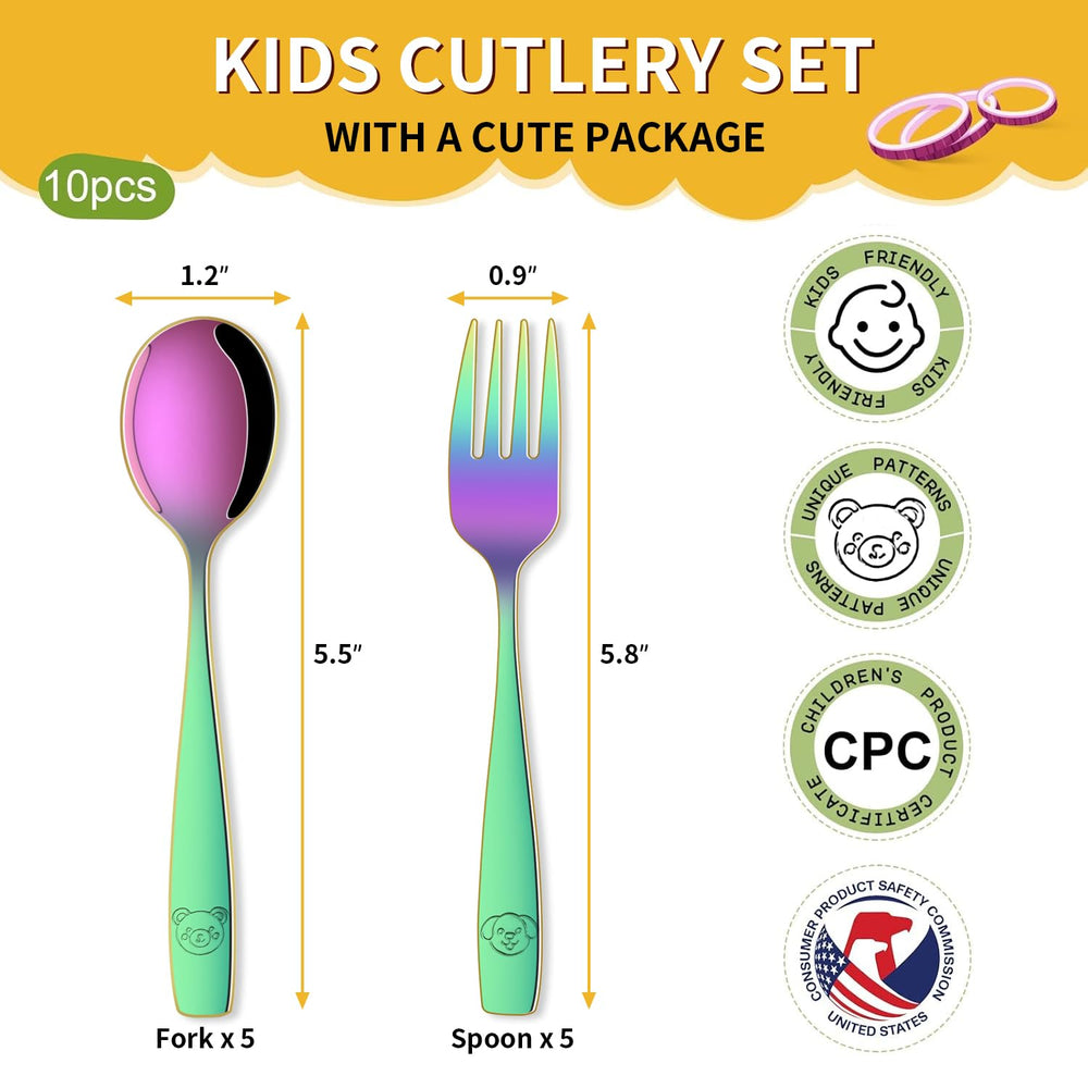 Dehov Rainbow toddler utensils set close-up engraving showing animal motifs.