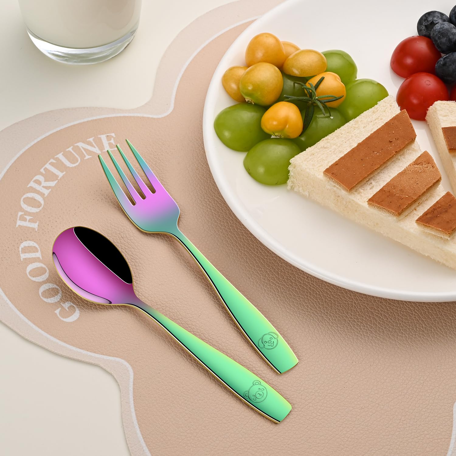 Dehov Rainbow toddler utensils set dining tray scene for home or daycare.