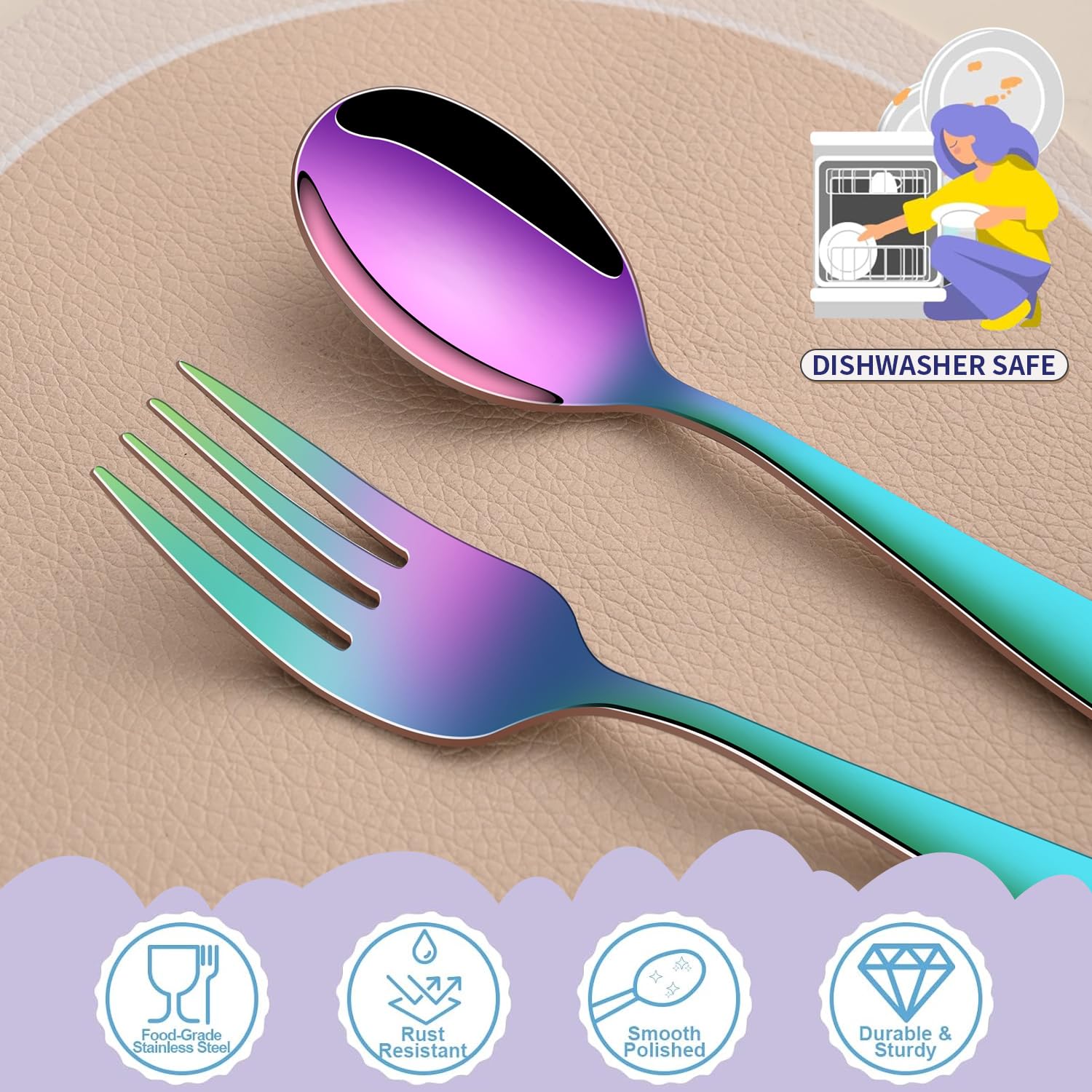 Dehov Rainbow toddler utensils set dishwasher-safe icon with convenience.